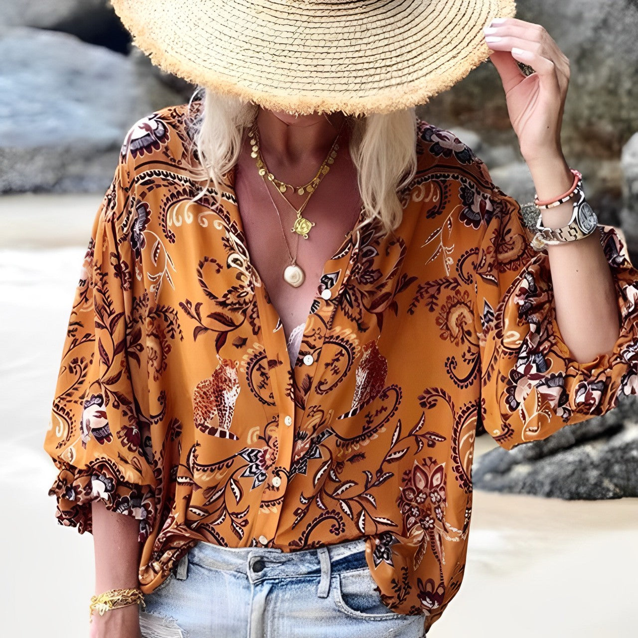 Boho Damen Bluse mit Print, locker & stilvoll – Emilia