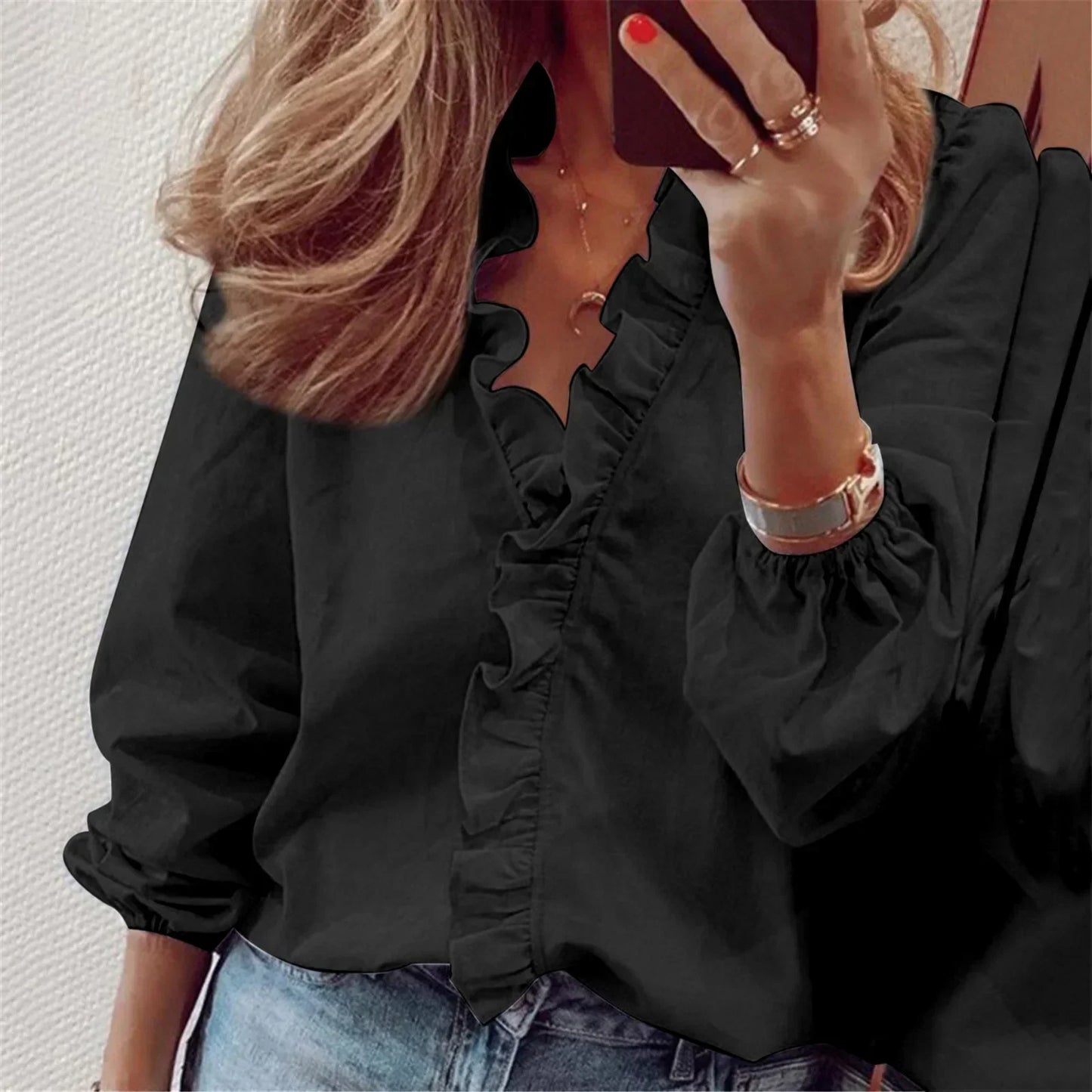 Damen Rüschenshirt mit V-Ausschnitt für elegante Looks – Lena